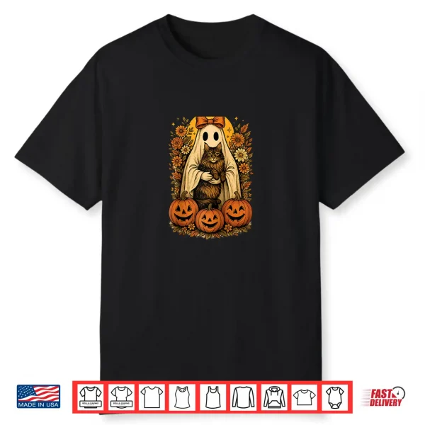 Vintage Ghost Holding Maine Coon Cat With Pumpkins Halloween Shirt