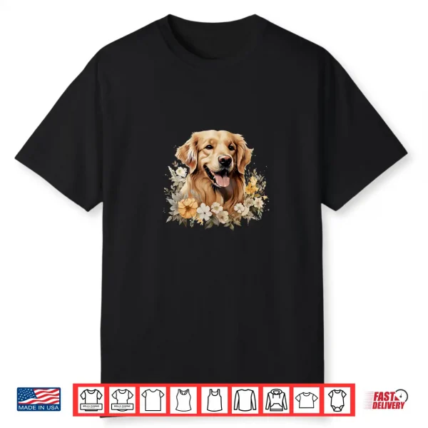 Vintage Golden Retriever Dog With Flowers Pastel Floral Shirt