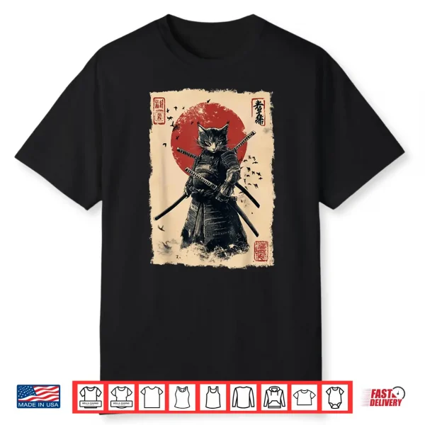 Vintage Japanese Art Anime Graphic Samurai Cat Warrior Shirt