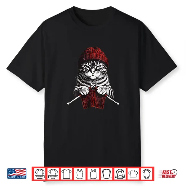 Vintage Knitting Cat Crochet Yarn Lover Cute Cat Shirt