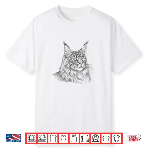 Vintage Maine Coon Cat Drawing Art Design Shirt