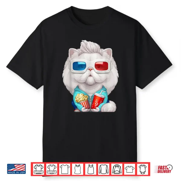 White Persian Cat Wearing 3D Glasses Shirt