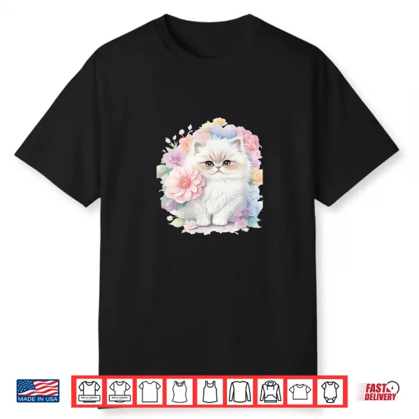 White Persian Cat With Pastel Flowers Shirt