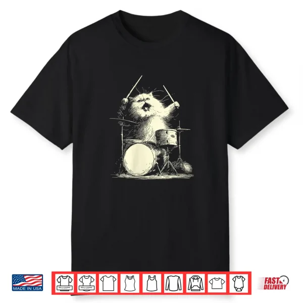 Womens Cute Persian Cat Playing Drums Funny Music Animal Drummer Shirt