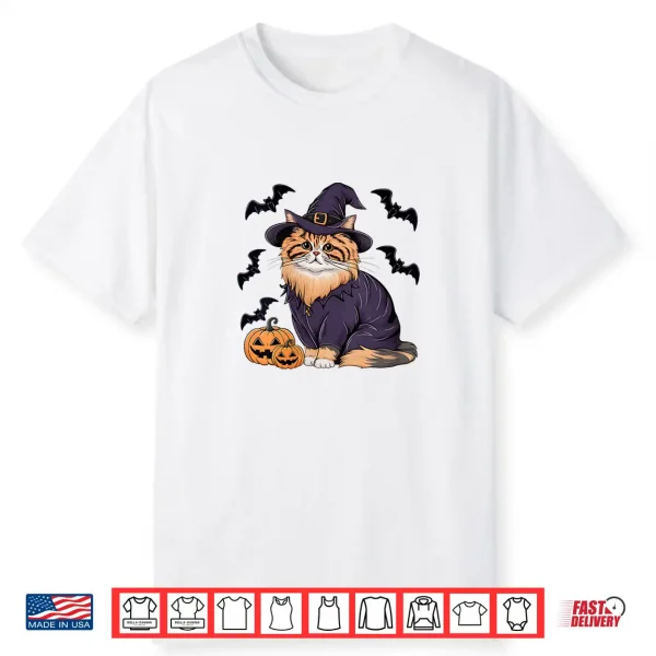 Womens Pumpkin Bat Witch Costume Persian Cat Halloween Shirt