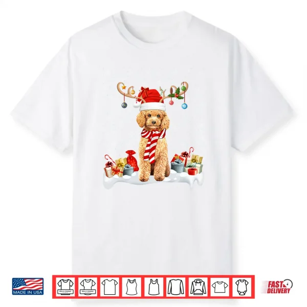 Xmas Lights Reindeer Santa Hat Toy Poodle Dog Christmas Shirt