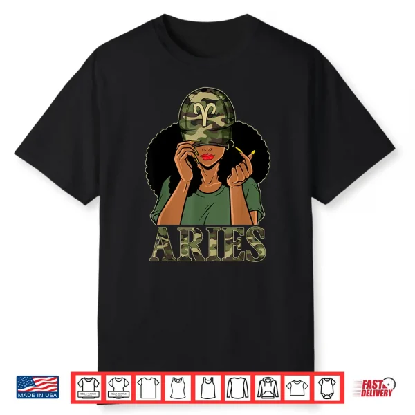 Aries Girl Black Woman With Cap Camo Afro Woman Zodiac Shirt