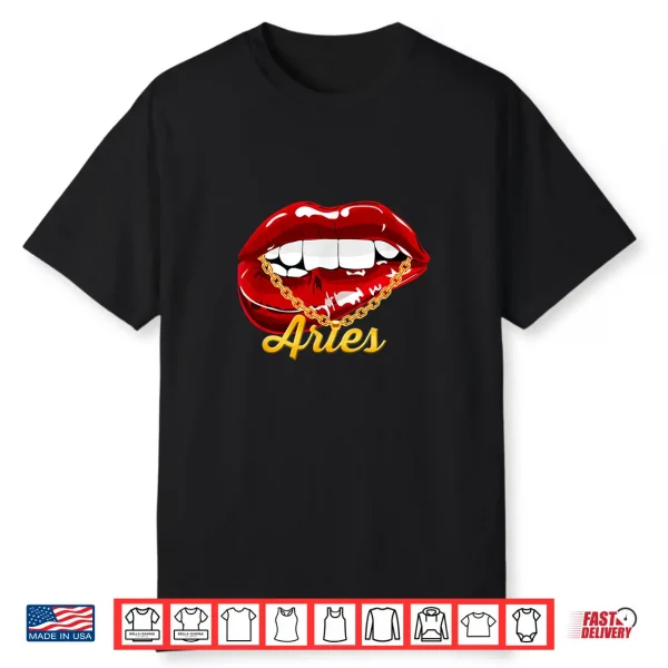 Aries Girl Juicy Lips Gold Chain Astrology Zodiac Sign Shirt