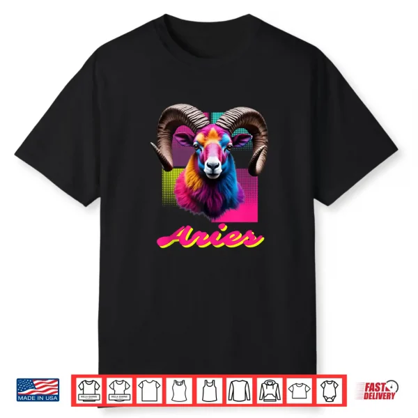 Aries Neon Ram Head Retro Zodiac Design Ram Lovers Aries Shirt