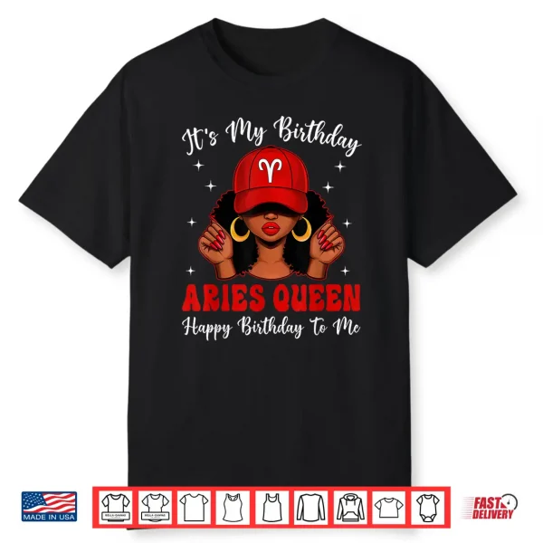 Aries Queen Afro Women Red Cap Black Girl Birthday Shirt