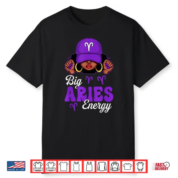 Big Aries Energy Black Woman Purple Cap Zodiac Sign Shirt
