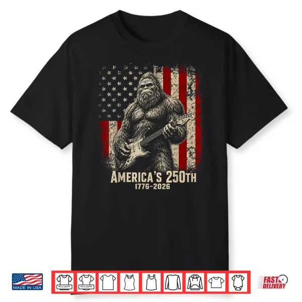 Bigfoot Sasquatch Playing Guitar 250 Years American Usa Flag Shirt