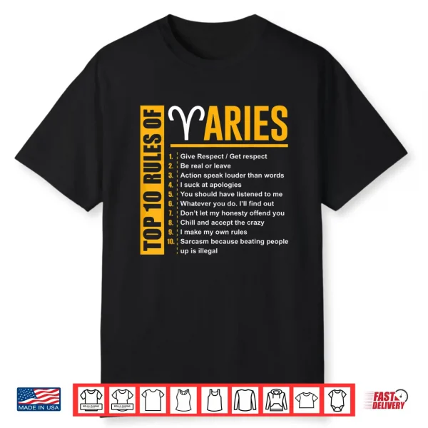 Birthday Gifts Top 10 Rules Of Aries Zodiac Shirt