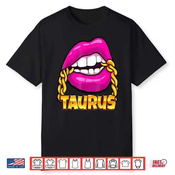 Black Queen Juicy Lips Pink Gold Chain Taurus Zodiac Sign Shirt