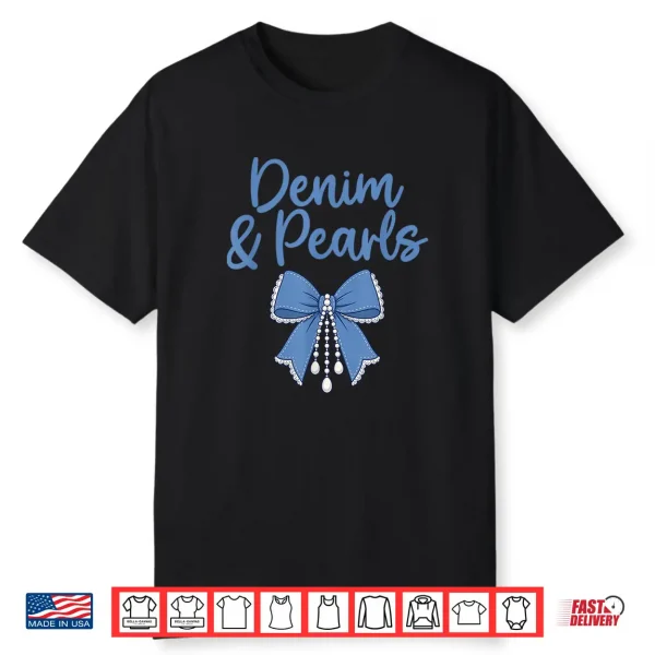 Denim And Pearls Girl Fashionable Coquette Bow Trendy Jeans Shirt