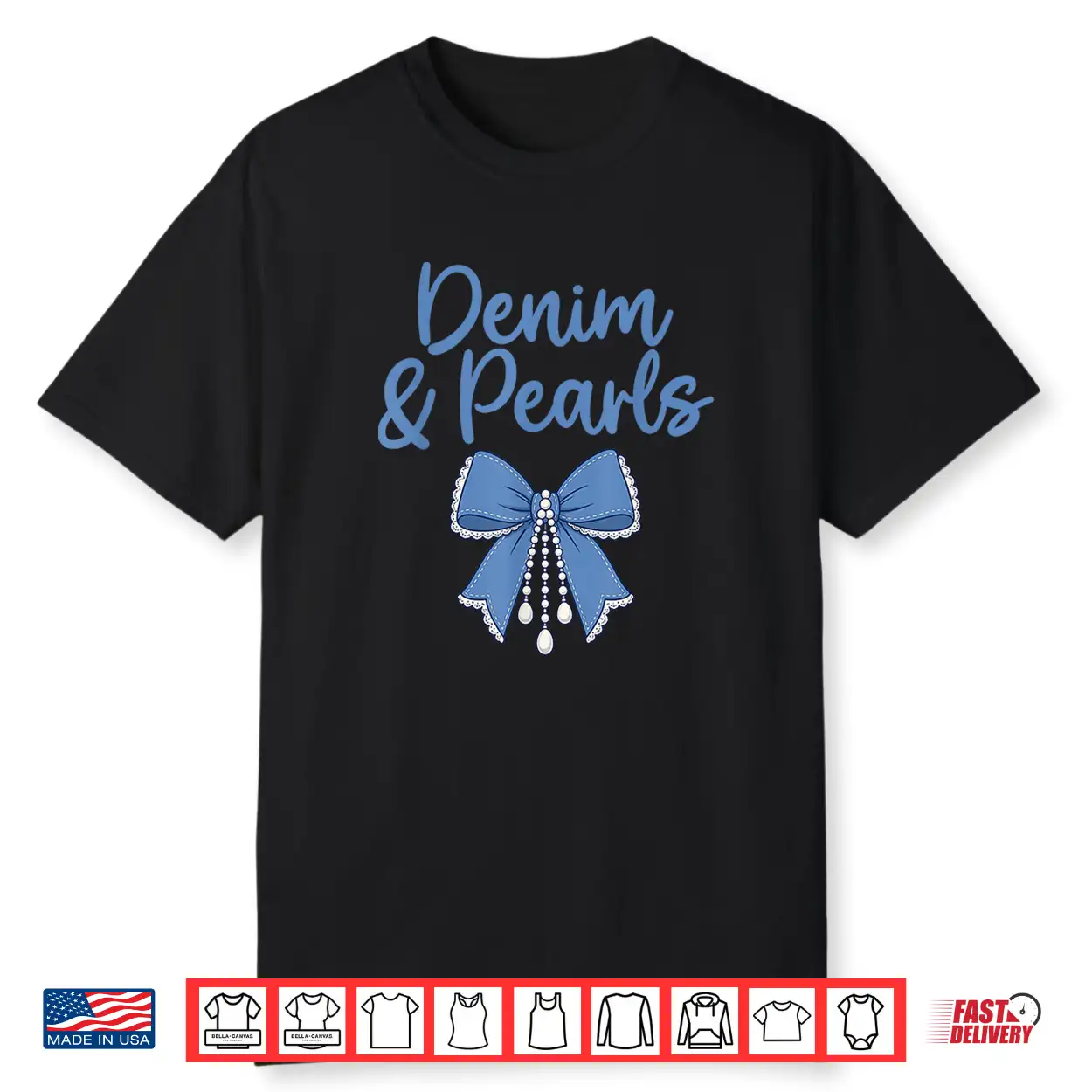 Denim And Pearls Girl Fashionable Coquette Bow Trendy Jeans Shirt Denim And Pearls Girl Fashionable Coquette Bow Trendy Jeans Shirt