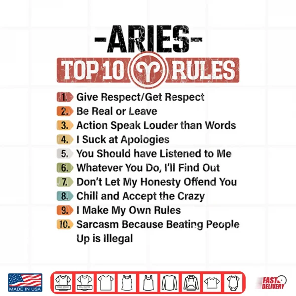 Design Zodiac Sign Funny Top 10 Rules Of Aries Graphic Shirt
