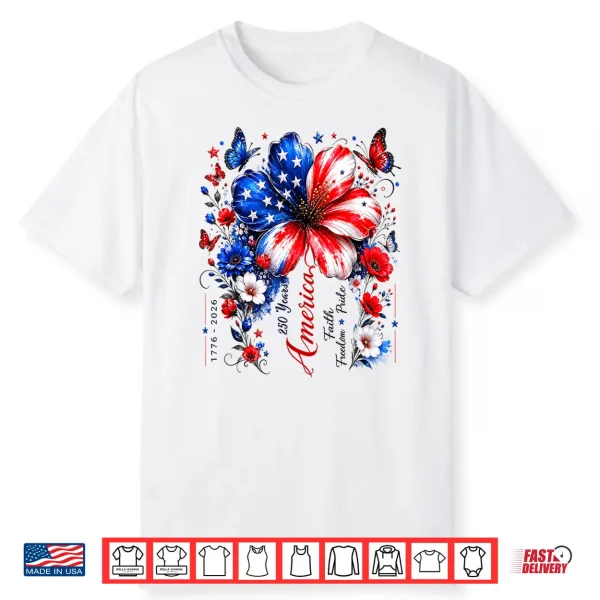 Floral Usa Flag 250Th Anniversary 1776 2026 4Th Of July Shirt
