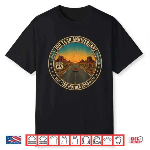 Highway 66 100 Years 1926 2026 Classic Car Lover Anniversary Shirt