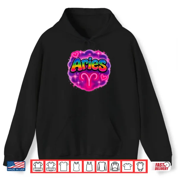 Hoodie Aries Zodiac Sign Rainbow Retro Airbrush Style Shirt