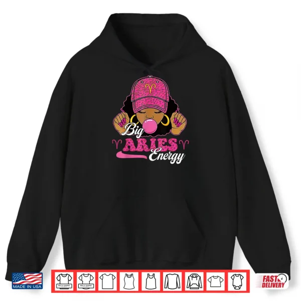 Hoodie Big Aries Energy Black Girl with Pink Cap Zodiac Birthday Shirt