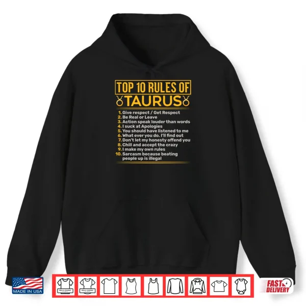 Hoodie Top 10 Rules Of Taurus Bull Astrology Sign Birthday Shirt