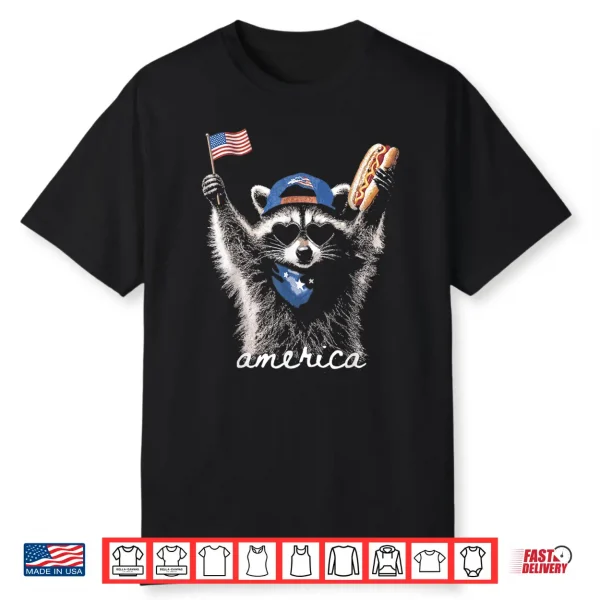 Retro Funny America Raccoon Hot Dog Lovers Patriotic Us Flag Shirt