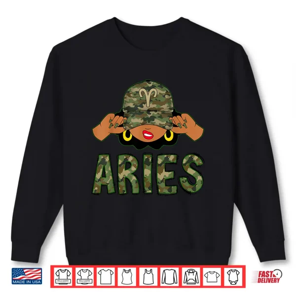 Sweatshirt Aries Queen Black Woman With Camo Cap Afro Girl Zodiac Shirt