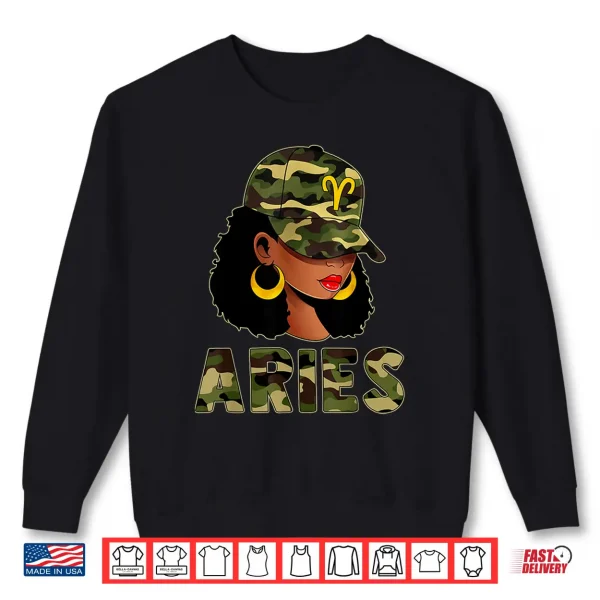 Sweatshirt Aries Queen Camouflage Black Woman Cap Zodiac Sign Shirt