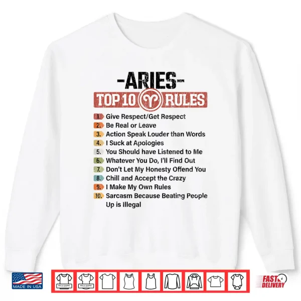 Sweatshirt Zodiac Sign Funny Top 10 Rules Of Aries Graphic Shirt