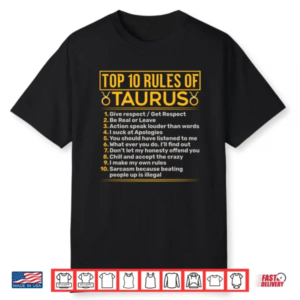 Top 10 Rules Of Taurus Bull Astrology Sign Birthday Shirt